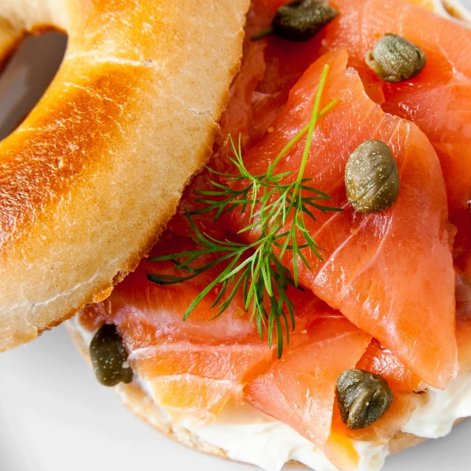 New York Bagel Company's bagel with cream cheese, smoked salmon, capers, and fresh dill.
