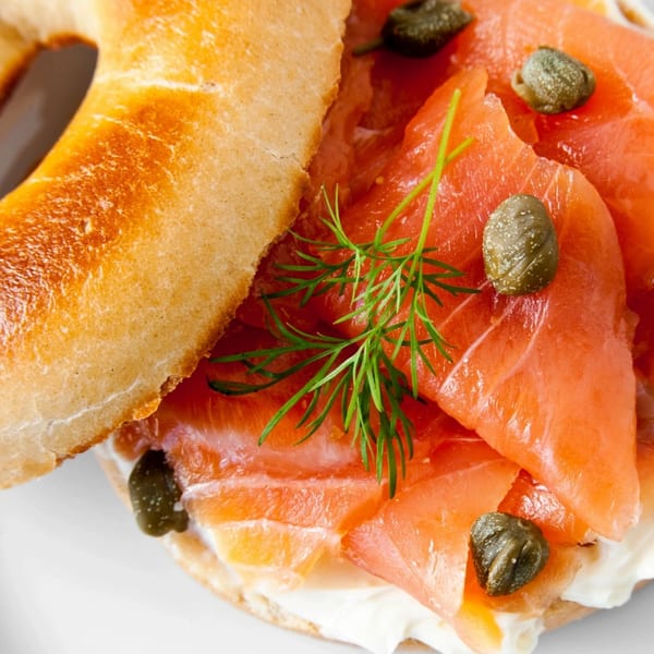 New York Bagel Company's bagel with cream cheese, smoked salmon, capers, and dill.