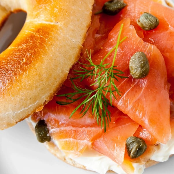 New York Bagel Company's bagel with cream cheese, smoked salmon, capers, and dill.