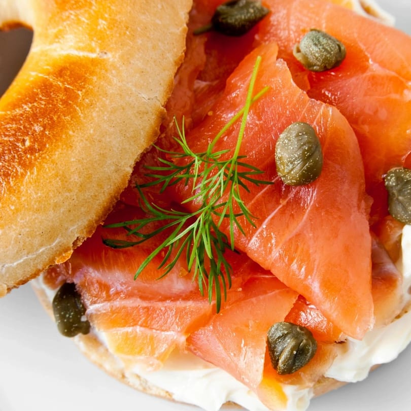 New York Bagel Company's bagel with lox, cream cheese, capers, and fresh dill.