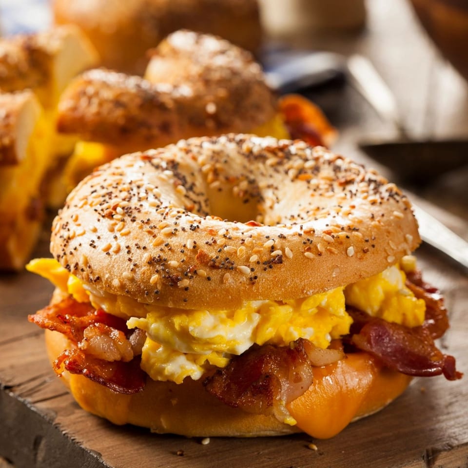 New York Bagel Company's everything bagel with scrambled eggs, melted cheese, and crispy bacon.